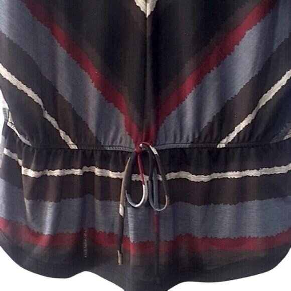 2/$15 Lavish Drawstring Top Gray Medium Batwing Short Sleeve Red V-Neck Stripe - Picture 5 of 6